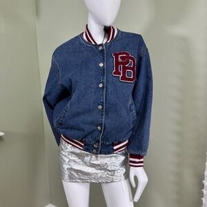 Pull&Bear Denim Varsity Jacket (Size S)  Vintage-inspired denim varsity jacket w